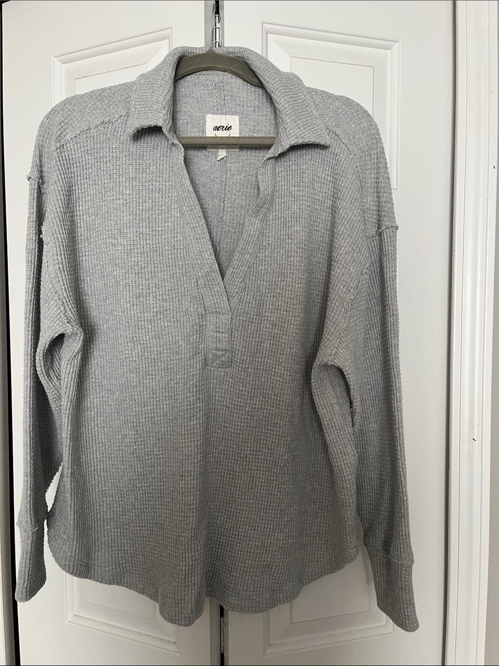 aerie Light Gray Waffle-Knit Collared Pullover